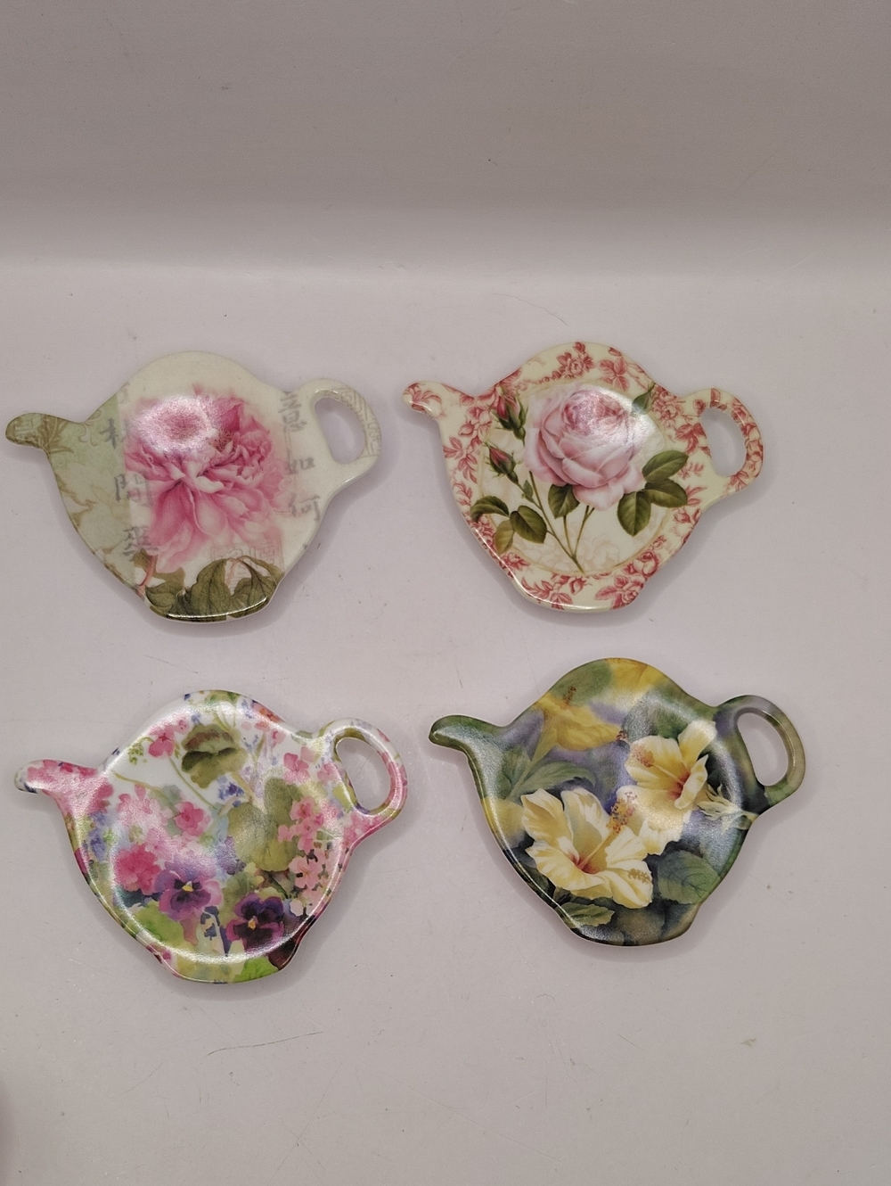Vintage Teapot Shape Floral Design Melamine Tea Bag Holders, Italy Lot of 4